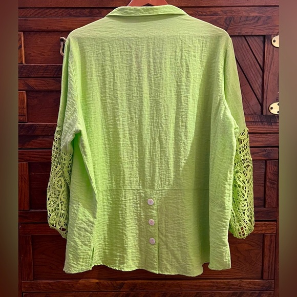 John Mark Boho Button Up Tunic Crochet Sleeve in Lime Green Wire Collar Sz 1X - Picture 2 of 10